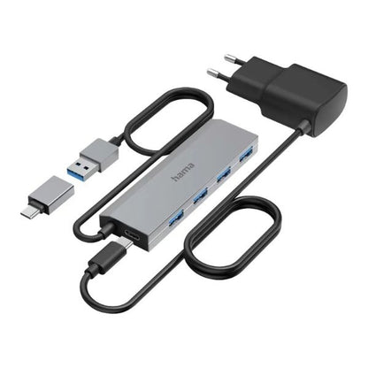 Hama USB Hub | 4 Ports | USB 3.2 Gen 1 | 5 Gbit/s | USB-C Adapter & Power Supply